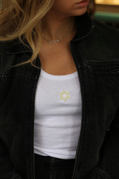Yellow Gold Star of David Embrodiery Ribbed Tank Top