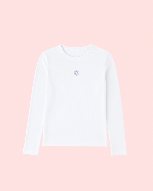 White Star of David Embrodiery Ribbed Long Sleeve