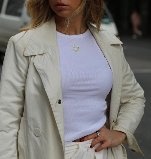 Yellow Gold Star of David Embroidery Ribbed Long Sleeve