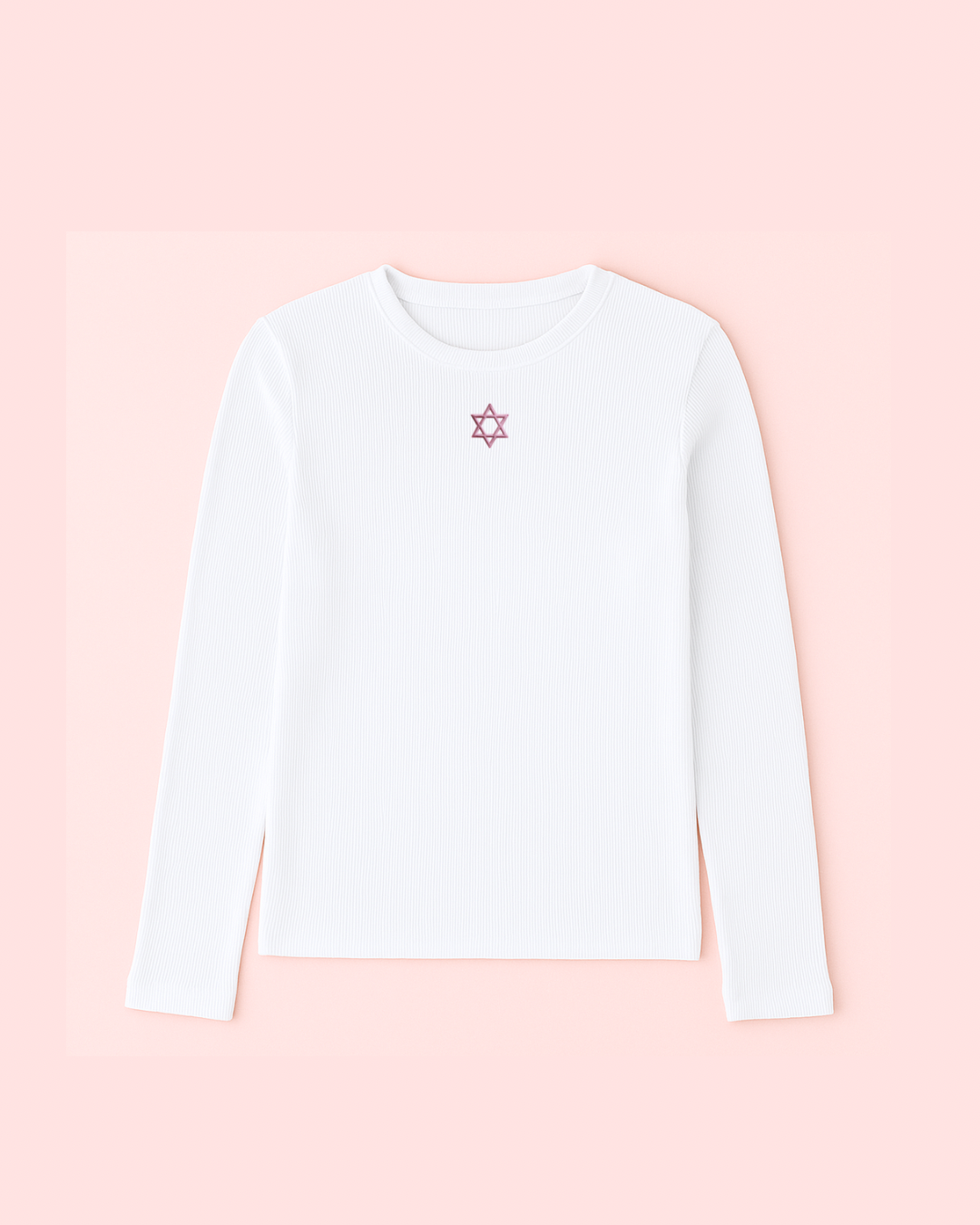 Pink Star of David Embroidery Ribbed Long Sleeve