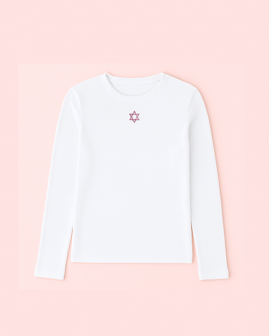 Pink Star of David Embroidery Ribbed Long Sleeve