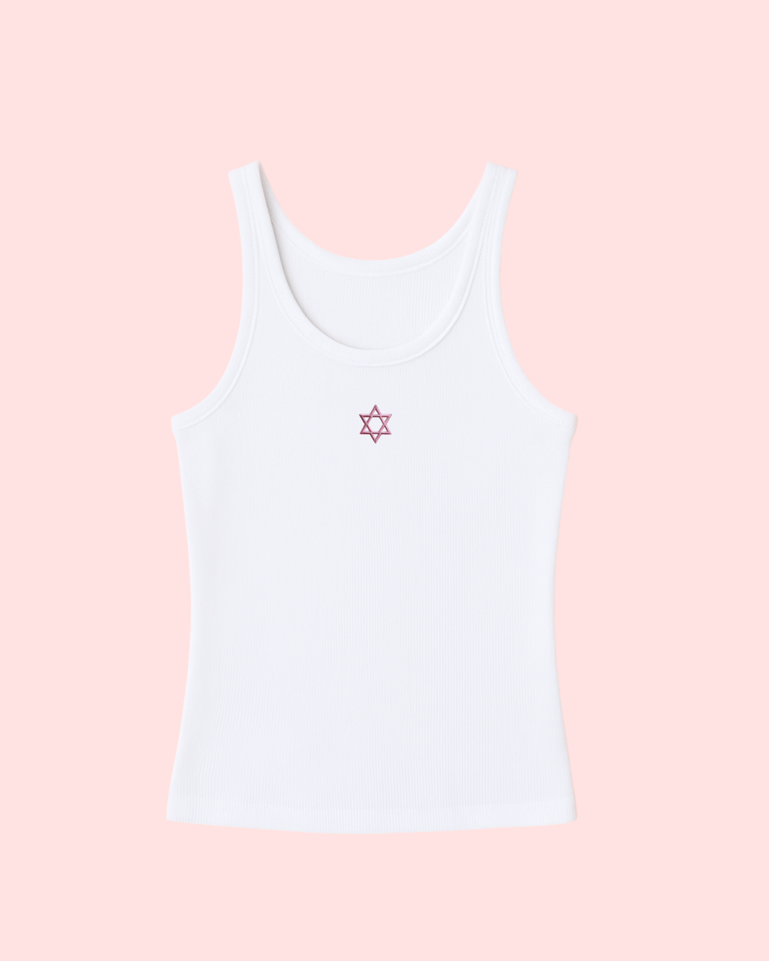 Pink Star of David Embroidery Ribbed Tank Top