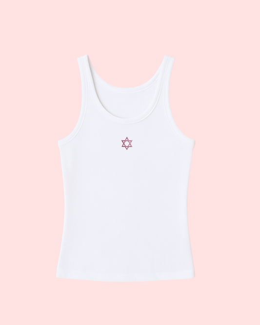 Pink Star of David Embroidery Ribbed Tank Top