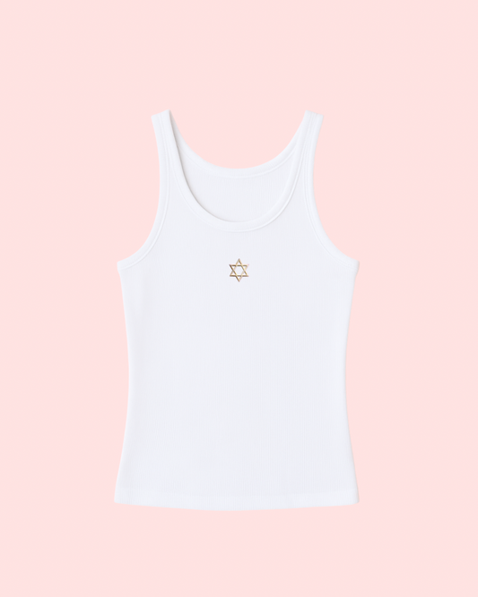 Yellow Gold Star of David Embrodiery Ribbed Tank Top